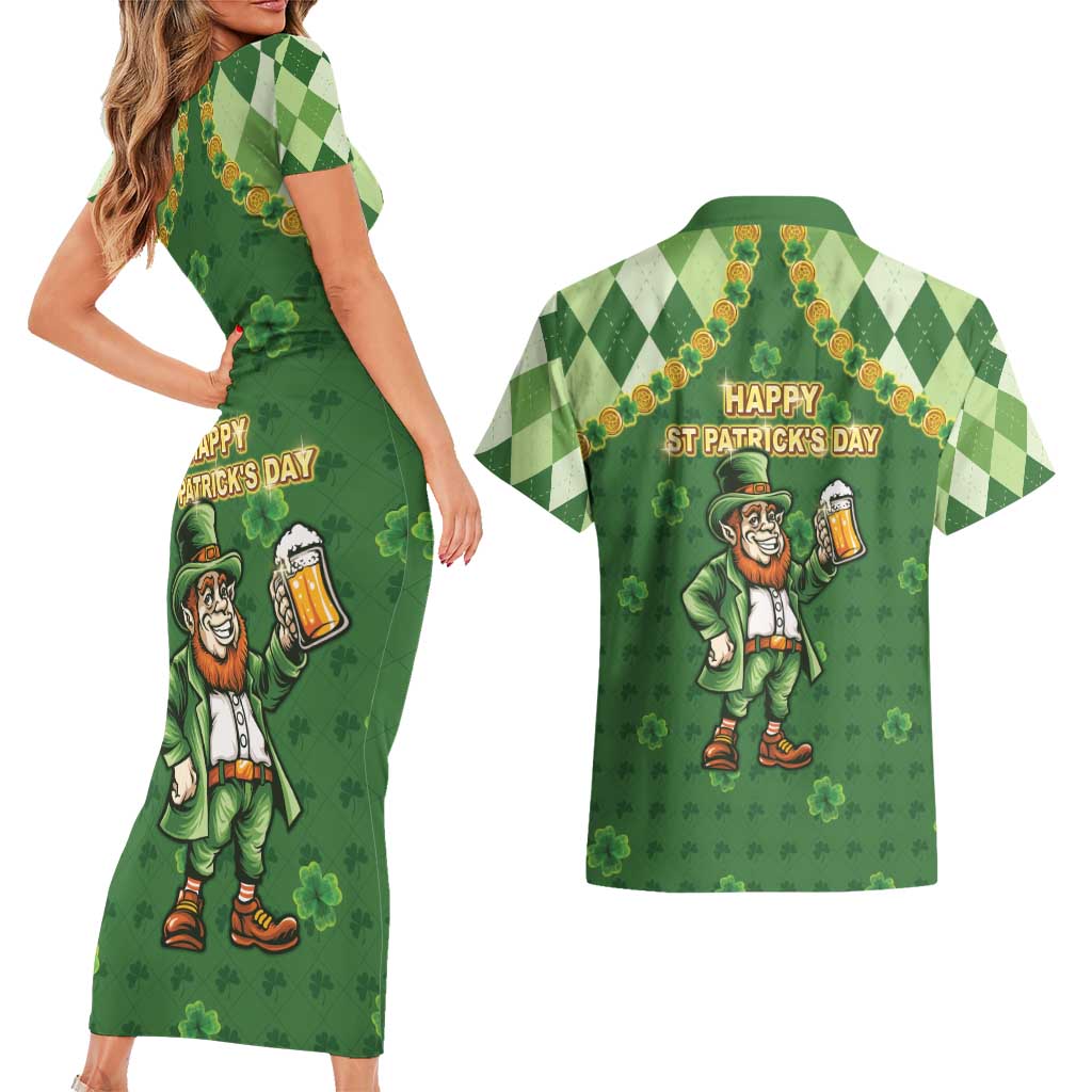 Happy St Patrick's Day Couples Matching Short Sleeve Bodycon Dress and Hawaiian Shirt Leprechaun With Beer
