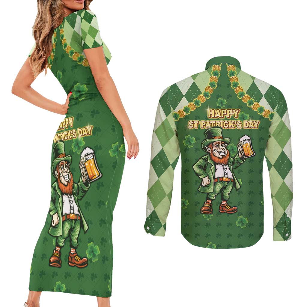 Happy St Patrick's Day Couples Matching Short Sleeve Bodycon Dress and Long Sleeve Button Shirt Leprechaun With Beer