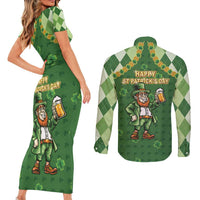 Happy St Patrick's Day Couples Matching Short Sleeve Bodycon Dress and Long Sleeve Button Shirt Leprechaun With Beer