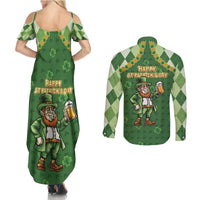 Happy St Patrick's Day Couples Matching Summer Maxi Dress and Long Sleeve Button Shirt Leprechaun With Beer