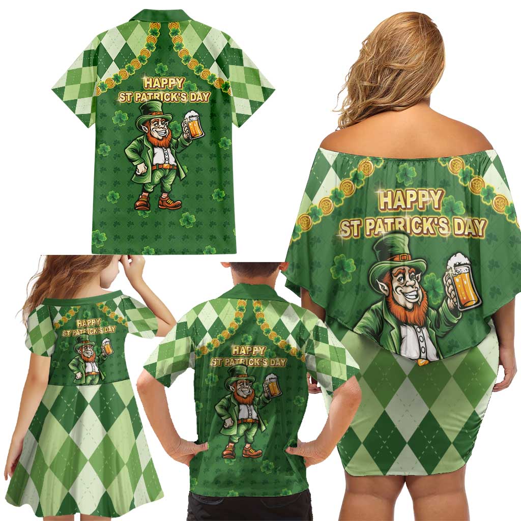 Happy St Patrick's Day Family Matching Off Shoulder Short Dress and Hawaiian Shirt Leprechaun With Beer
