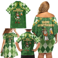 Happy St Patrick's Day Family Matching Off Shoulder Short Dress and Hawaiian Shirt Leprechaun With Beer