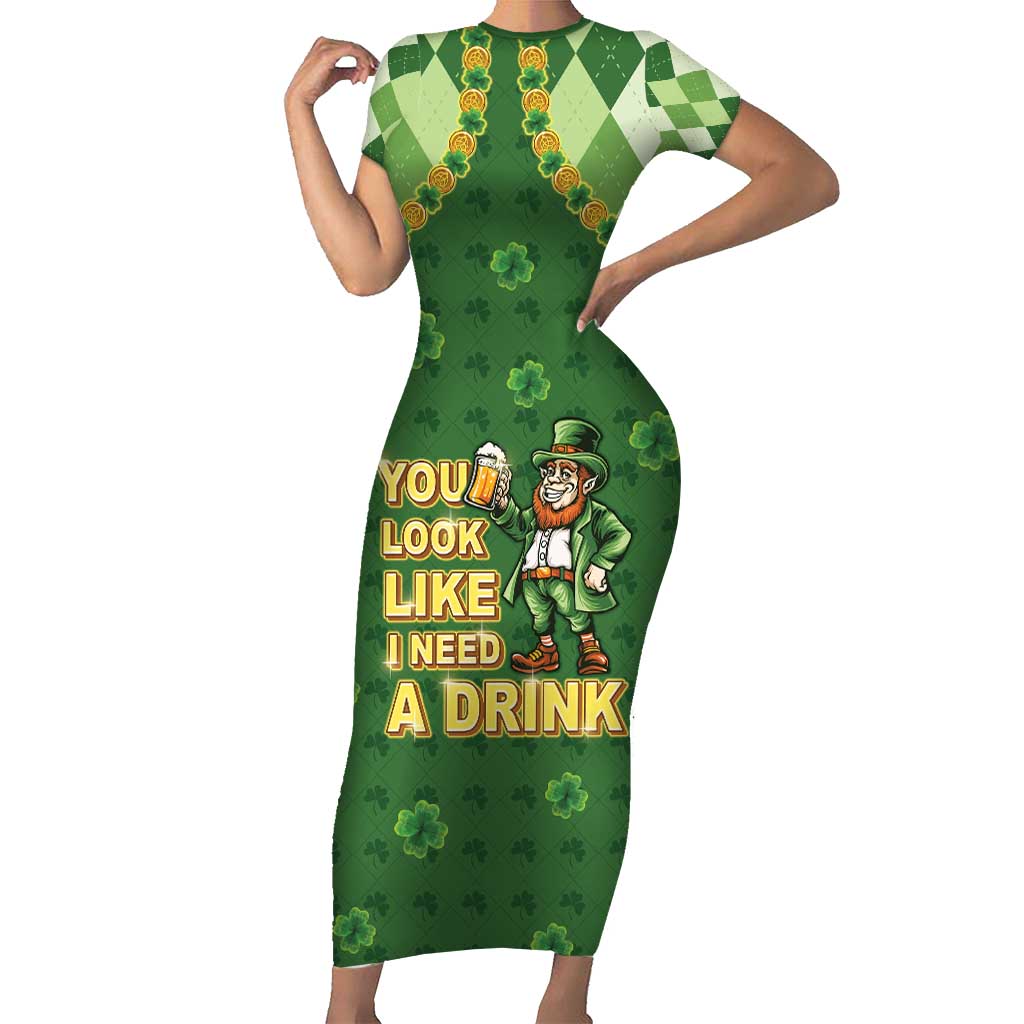 Happy St Patrick's Day Family Matching Short Sleeve Bodycon Dress and Hawaiian Shirt Leprechaun With Beer