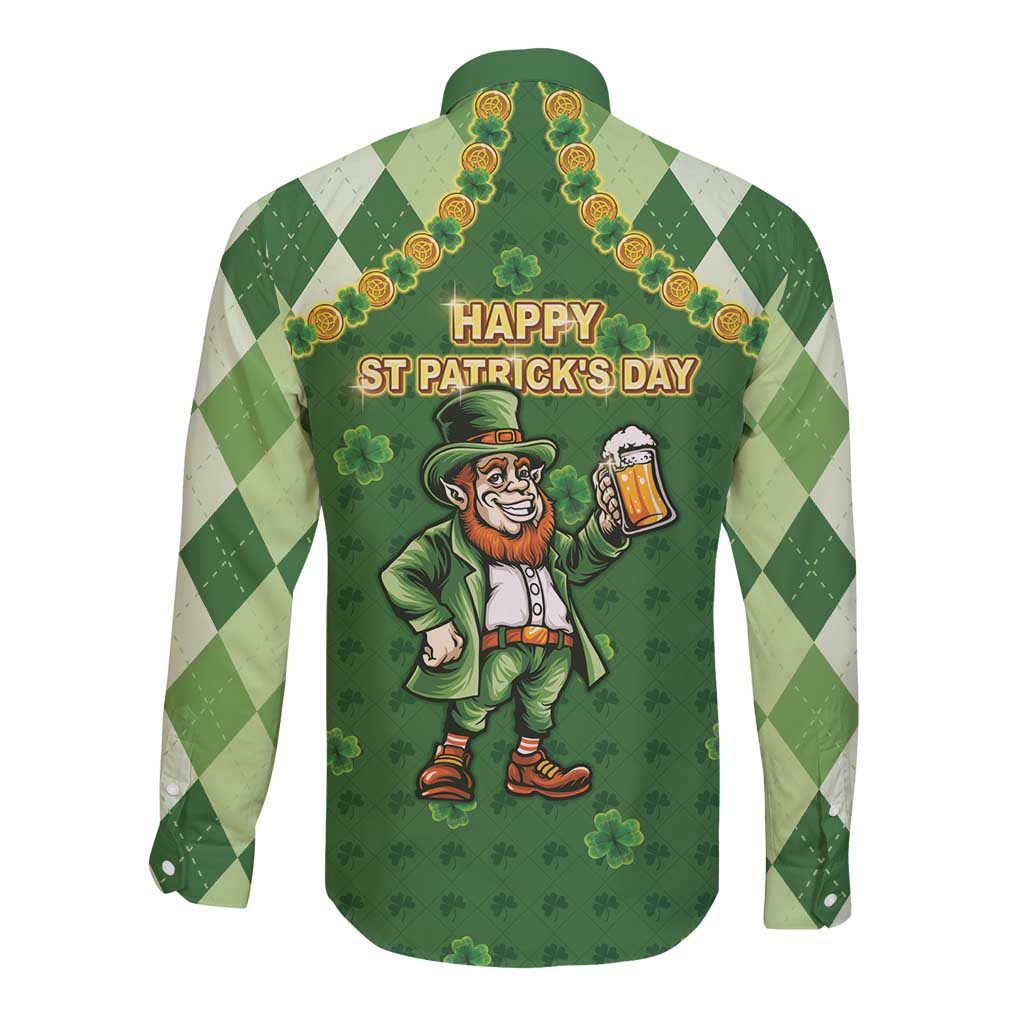 Happy St Patrick's Day Long Sleeve Button Shirt Leprechaun With Beer