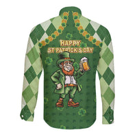 Happy St Patrick's Day Long Sleeve Button Shirt Leprechaun With Beer