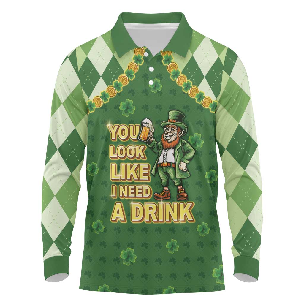 Happy St Patrick's Day Long Sleeve Polo Shirt Leprechaun With Beer