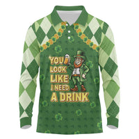 Happy St Patrick's Day Long Sleeve Polo Shirt Leprechaun With Beer