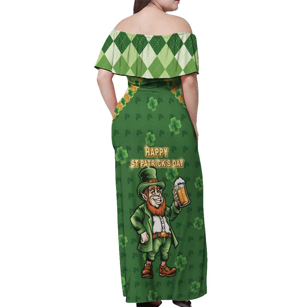 Happy St Patrick's Day Off Shoulder Maxi Dress Leprechaun With Beer