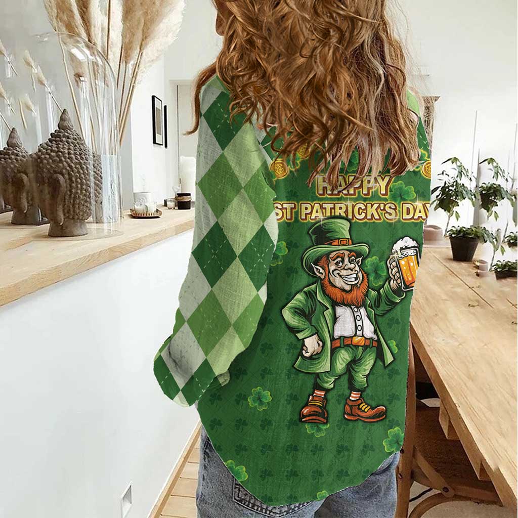 Happy St Patrick's Day Women Casual Shirt Leprechaun With Beer
