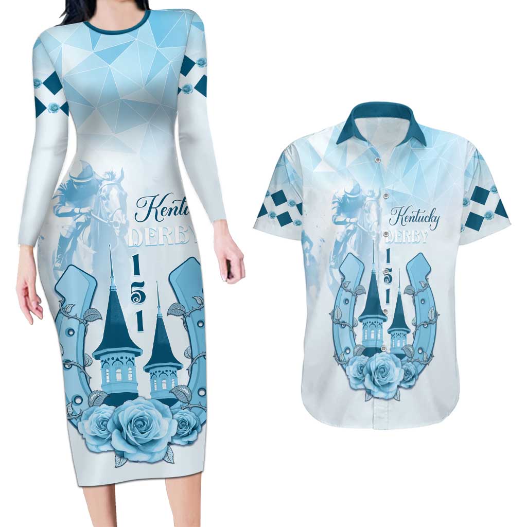 Kentucky Horse Racing Couples Matching Long Sleeve Bodycon Dress and Hawaiian Shirt 151st Anniversary Blue Version LT05
