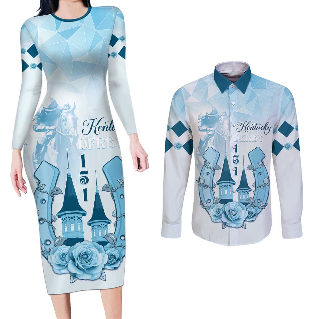 Kentucky Horse Racing Couples Matching Long Sleeve Bodycon Dress and Long Sleeve Button Shirt 151st Anniversary Blue Version LT05