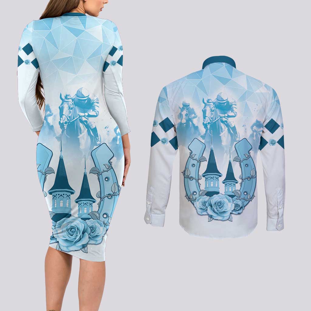 Kentucky Horse Racing Couples Matching Long Sleeve Bodycon Dress and Long Sleeve Button Shirt 151st Anniversary Blue Version LT05