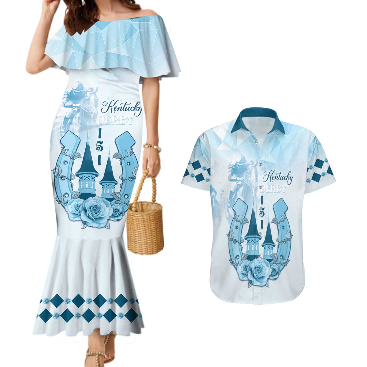 Kentucky Horse Racing Couples Matching Mermaid Dress and Hawaiian Shirt 151st Anniversary Blue Version LT05
