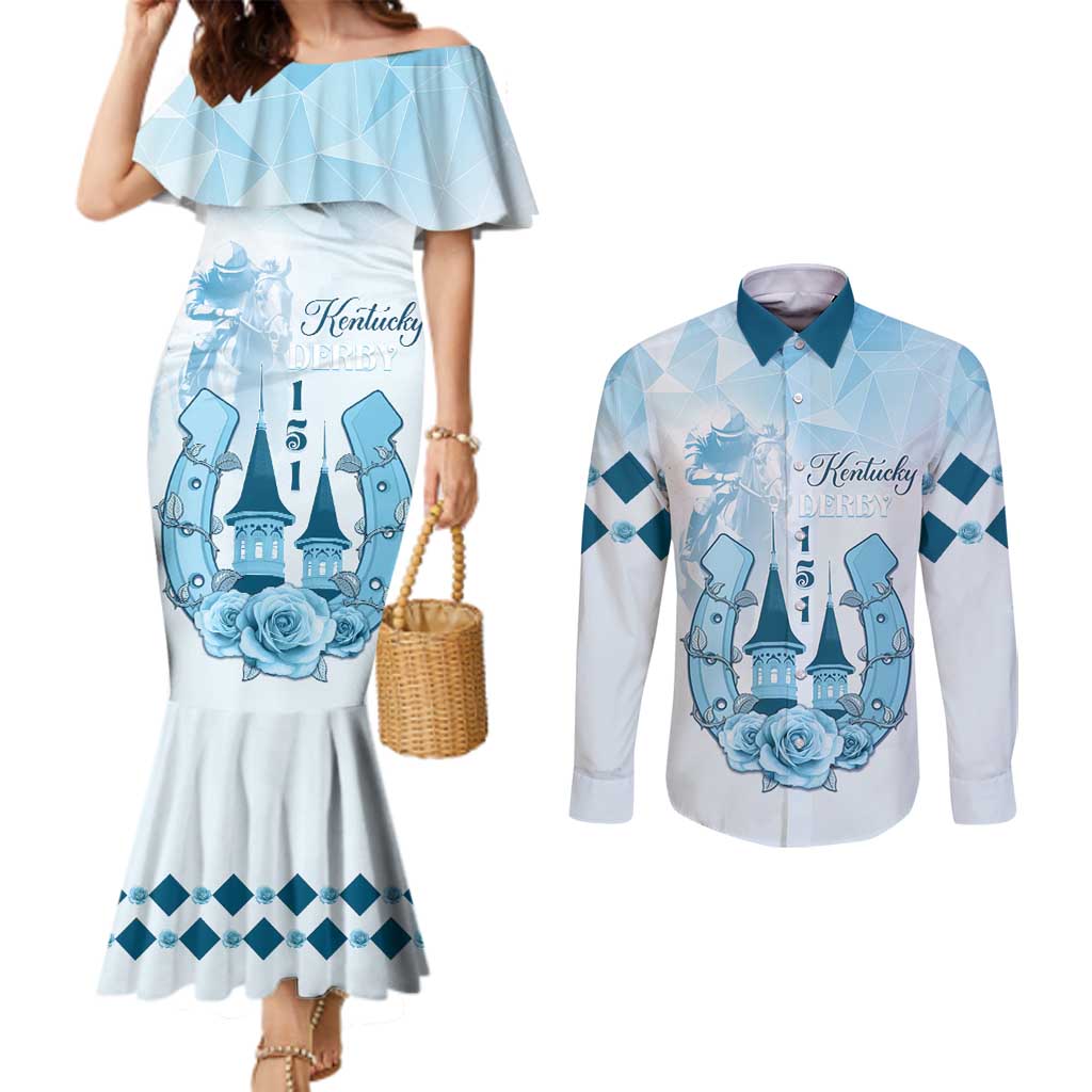 Kentucky Horse Racing Couples Matching Mermaid Dress and Long Sleeve Button Shirt 151st Anniversary Blue Version LT05