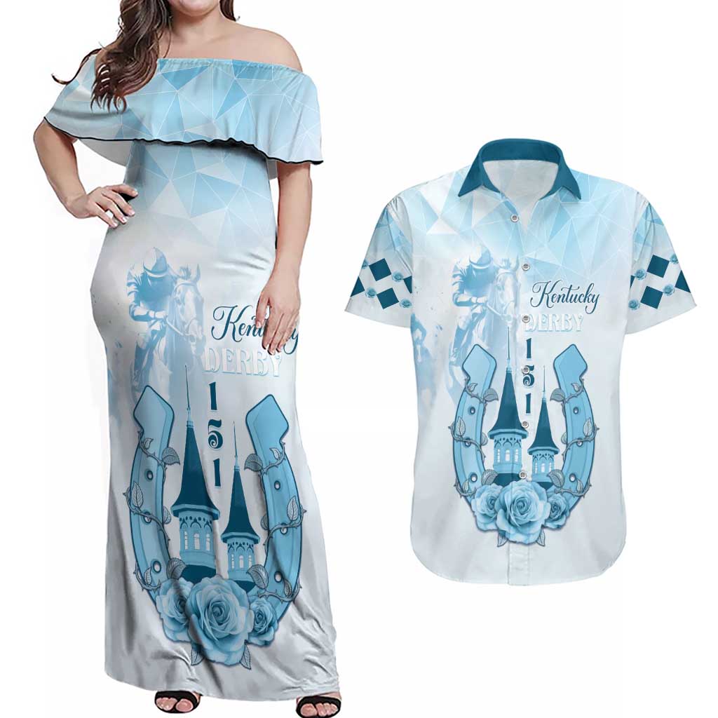 Kentucky Horse Racing Couples Matching Off Shoulder Maxi Dress and Hawaiian Shirt 151st Anniversary Blue Version LT05