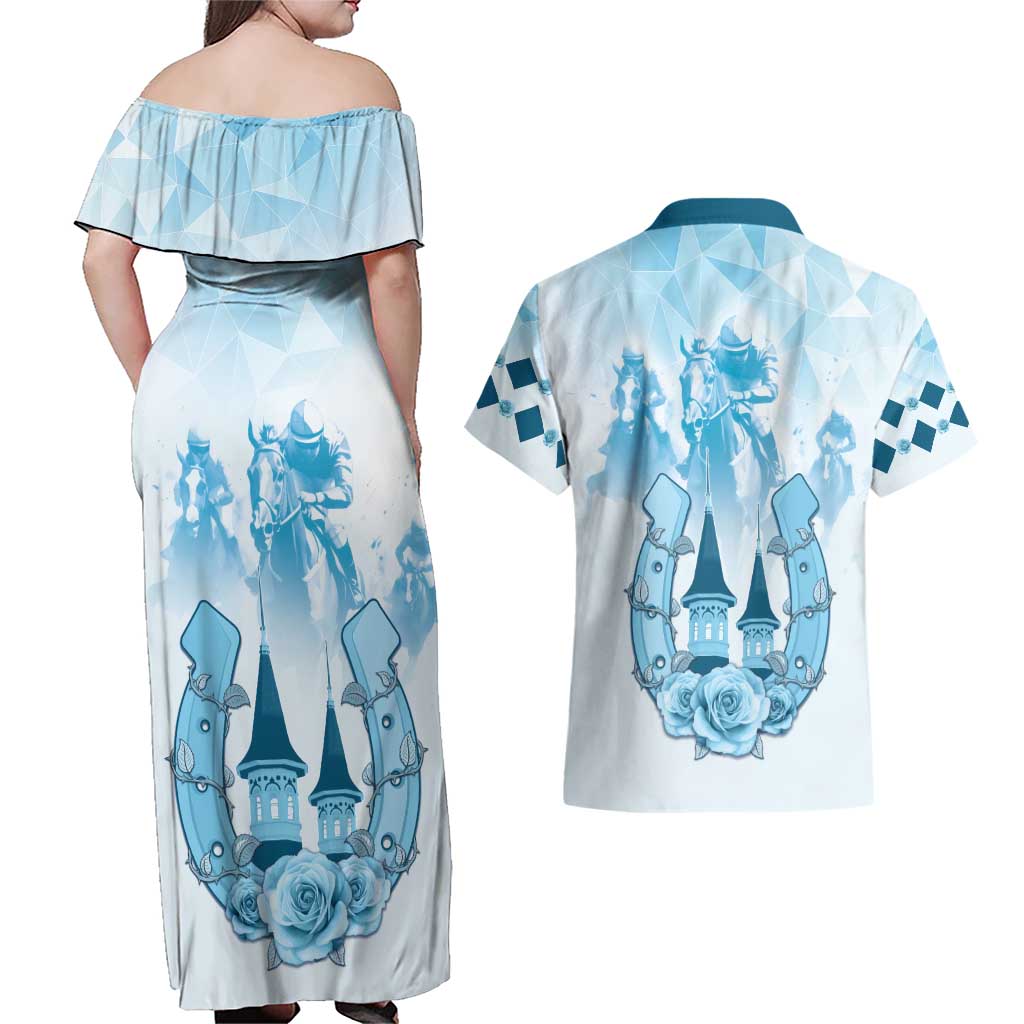 Kentucky Horse Racing Couples Matching Off Shoulder Maxi Dress and Hawaiian Shirt 151st Anniversary Blue Version LT05