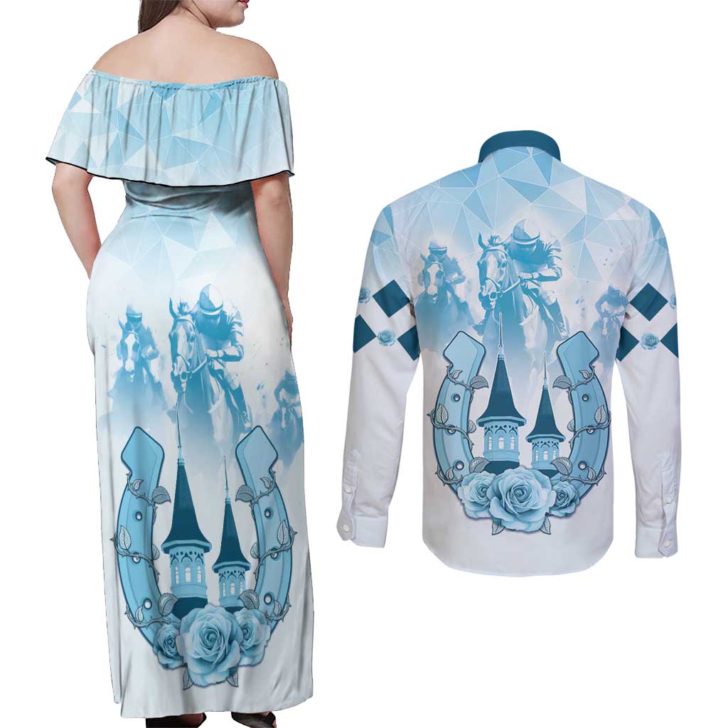 Kentucky Horse Racing Couples Matching Off Shoulder Maxi Dress and Long Sleeve Button Shirt 151st Anniversary Blue Version LT05