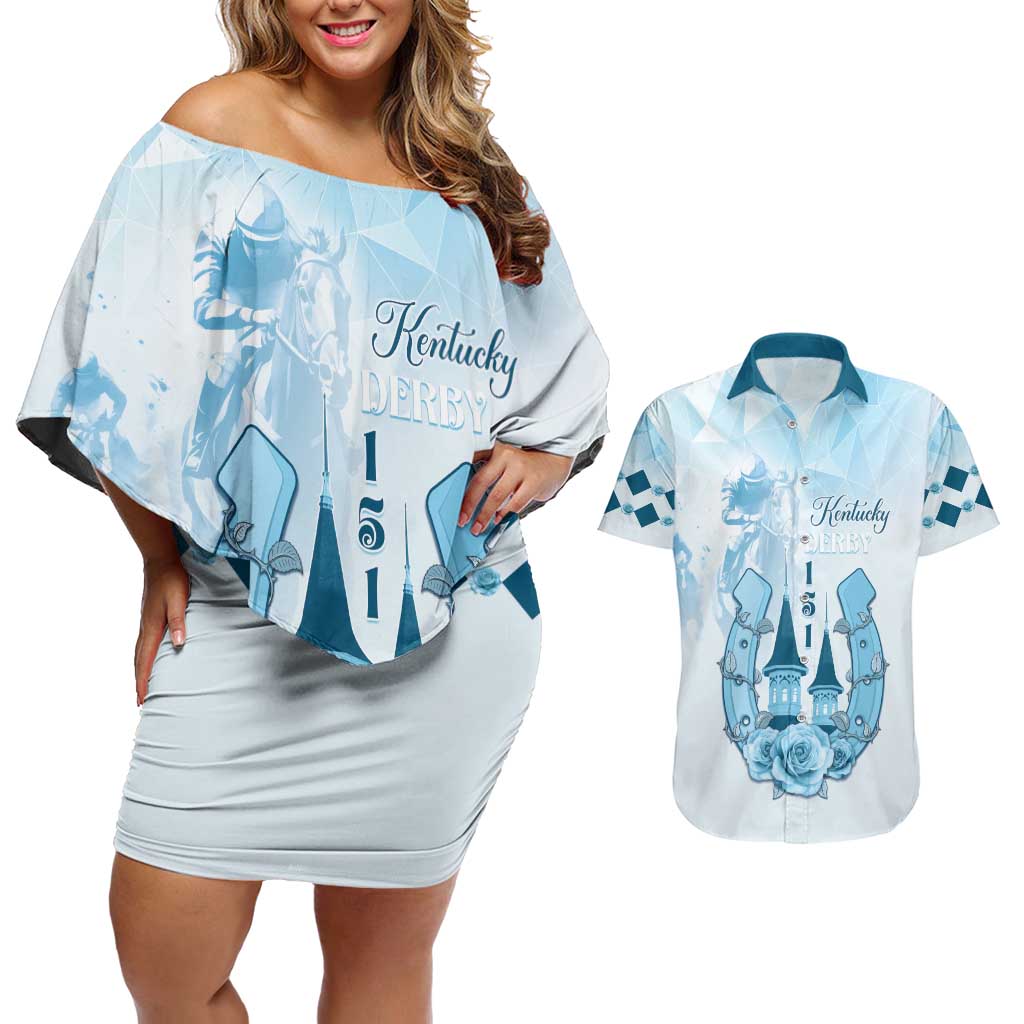 Kentucky Horse Racing Couples Matching Off Shoulder Short Dress and Hawaiian Shirt 151st Anniversary Blue Version LT05