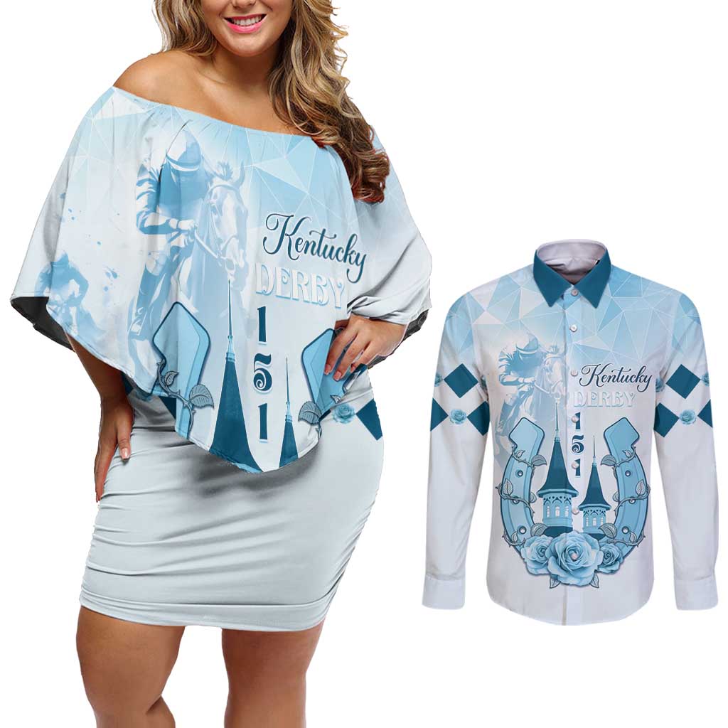 Kentucky Horse Racing Couples Matching Off Shoulder Short Dress and Long Sleeve Button Shirt 151st Anniversary Blue Version LT05