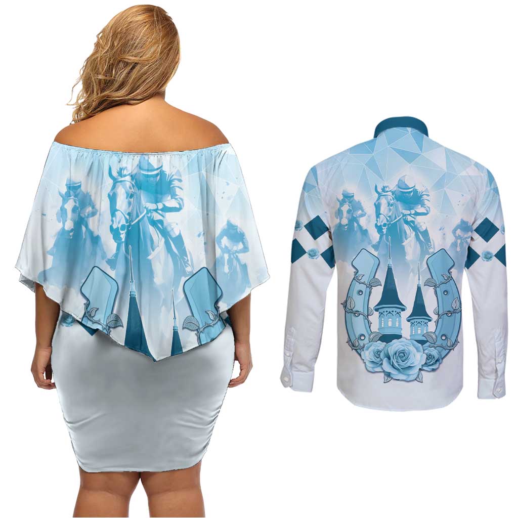 Kentucky Horse Racing Couples Matching Off Shoulder Short Dress and Long Sleeve Button Shirt 151st Anniversary Blue Version LT05