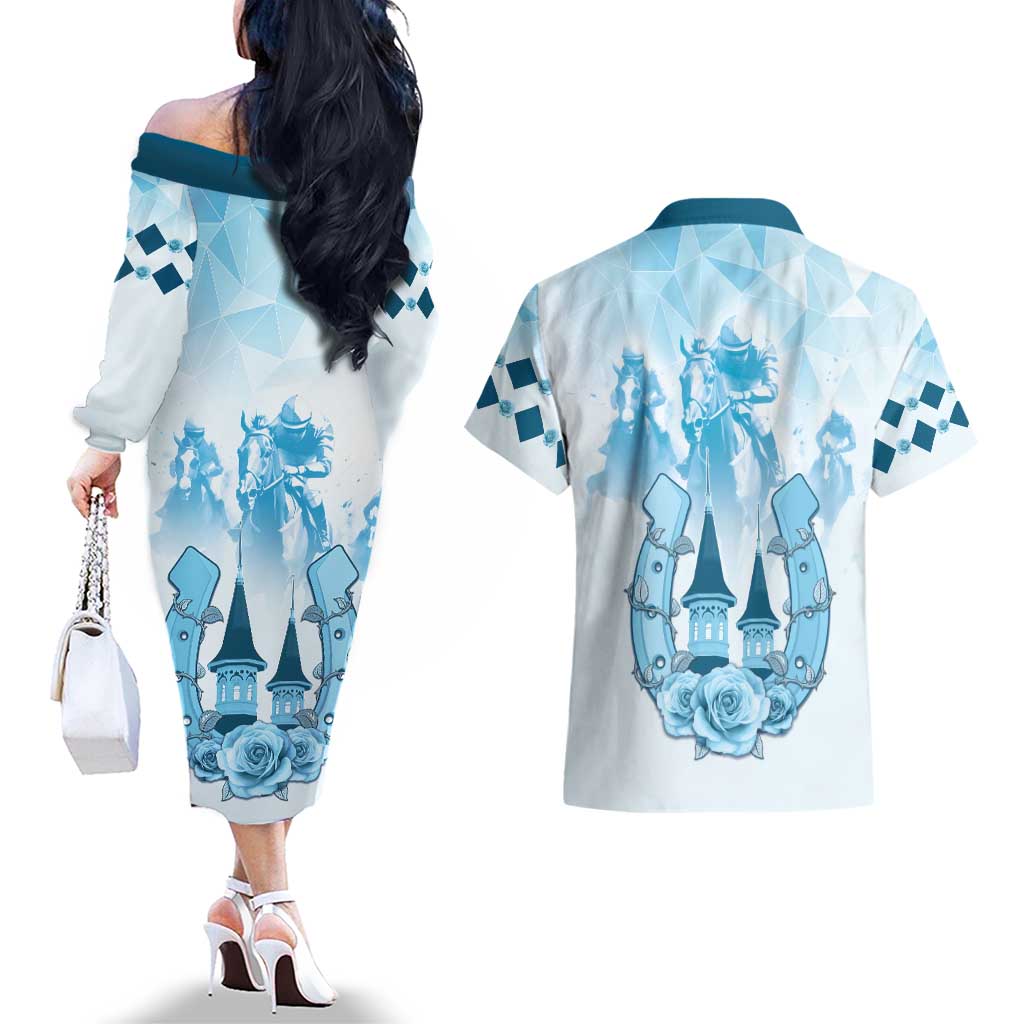 Kentucky Horse Racing Couples Matching Off The Shoulder Long Sleeve Dress and Hawaiian Shirt 151st Anniversary Blue Version LT05