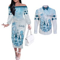 Kentucky Horse Racing Couples Matching Off The Shoulder Long Sleeve Dress and Long Sleeve Button Shirt 151st Anniversary Blue Version LT05