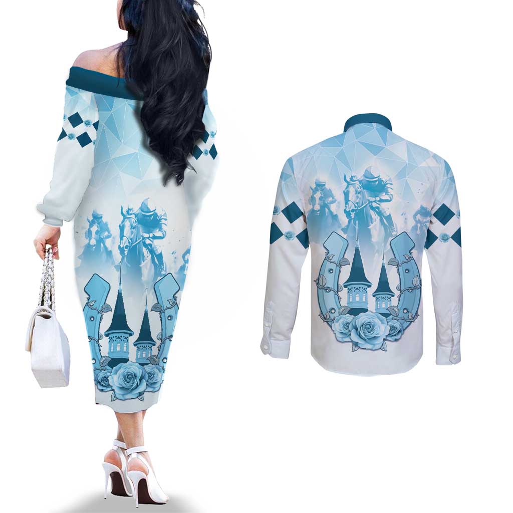 Kentucky Horse Racing Couples Matching Off The Shoulder Long Sleeve Dress and Long Sleeve Button Shirt 151st Anniversary Blue Version LT05