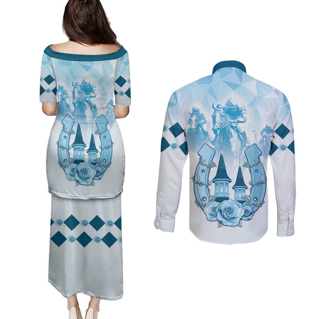 Kentucky Horse Racing Couples Matching Puletasi and Long Sleeve Button Shirt 151st Anniversary Blue Version LT05