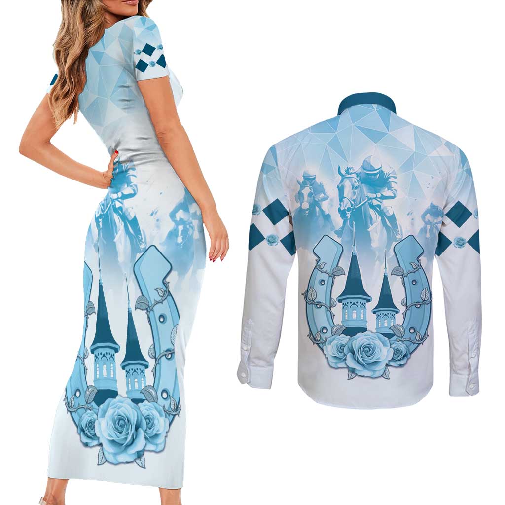 Kentucky Horse Racing Couples Matching Short Sleeve Bodycon Dress and Long Sleeve Button Shirt 151st Anniversary Blue Version LT05