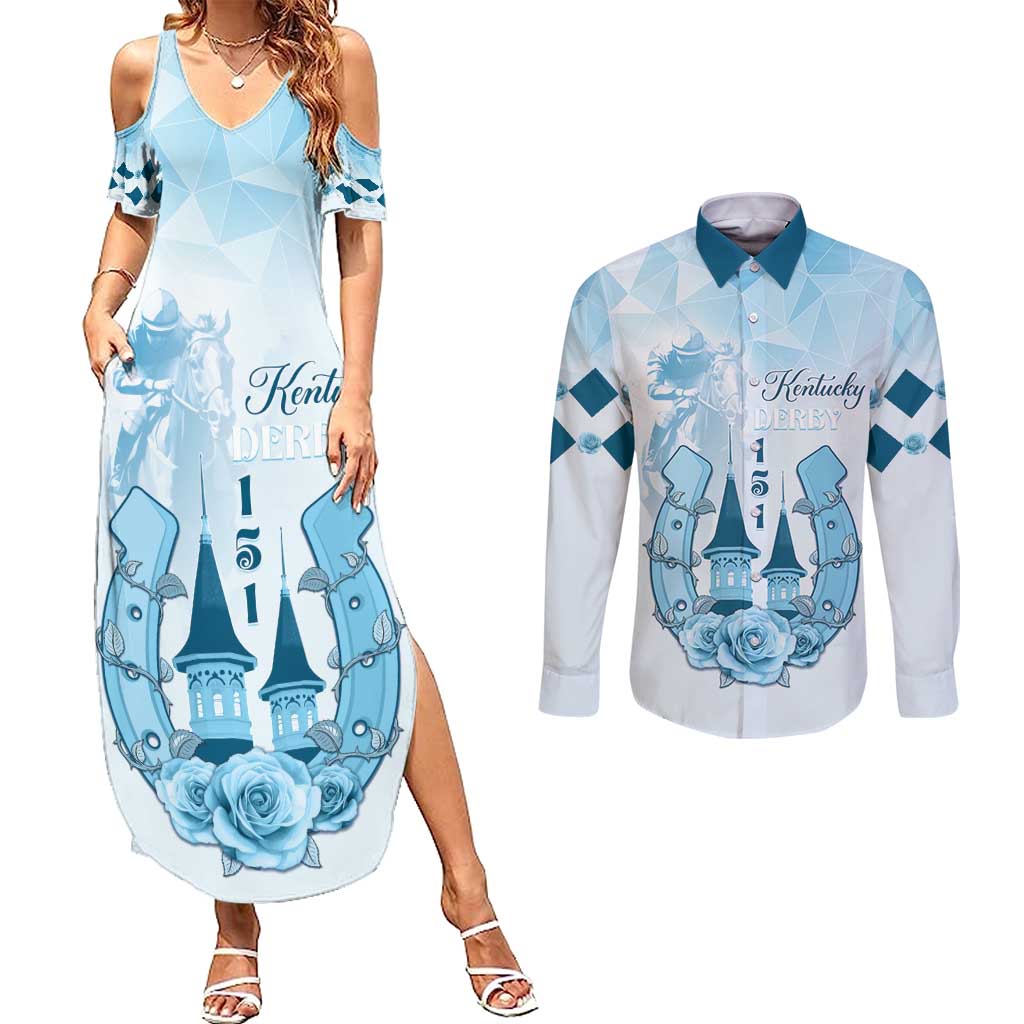 Kentucky Horse Racing Couples Matching Summer Maxi Dress and Long Sleeve Button Shirt 151st Anniversary Blue Version LT05