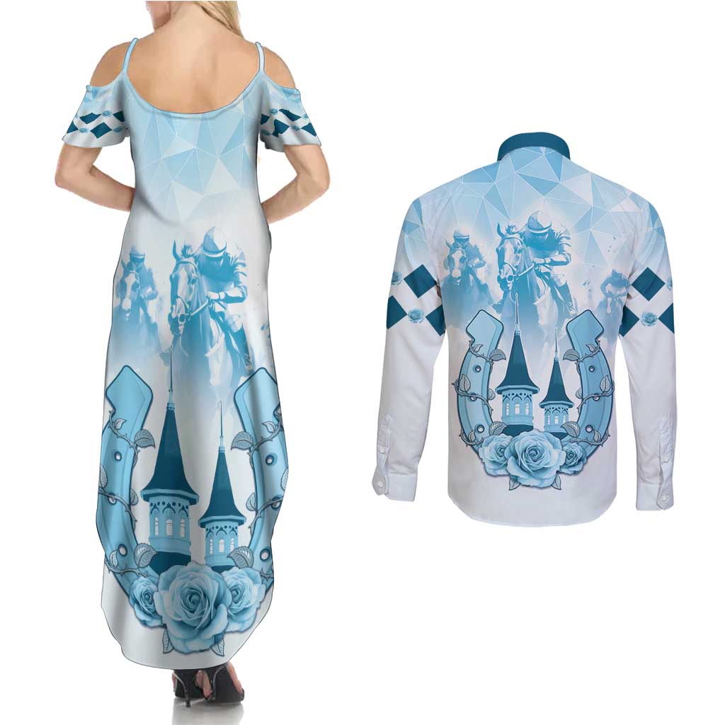 Kentucky Horse Racing Couples Matching Summer Maxi Dress and Long Sleeve Button Shirt 151st Anniversary Blue Version LT05