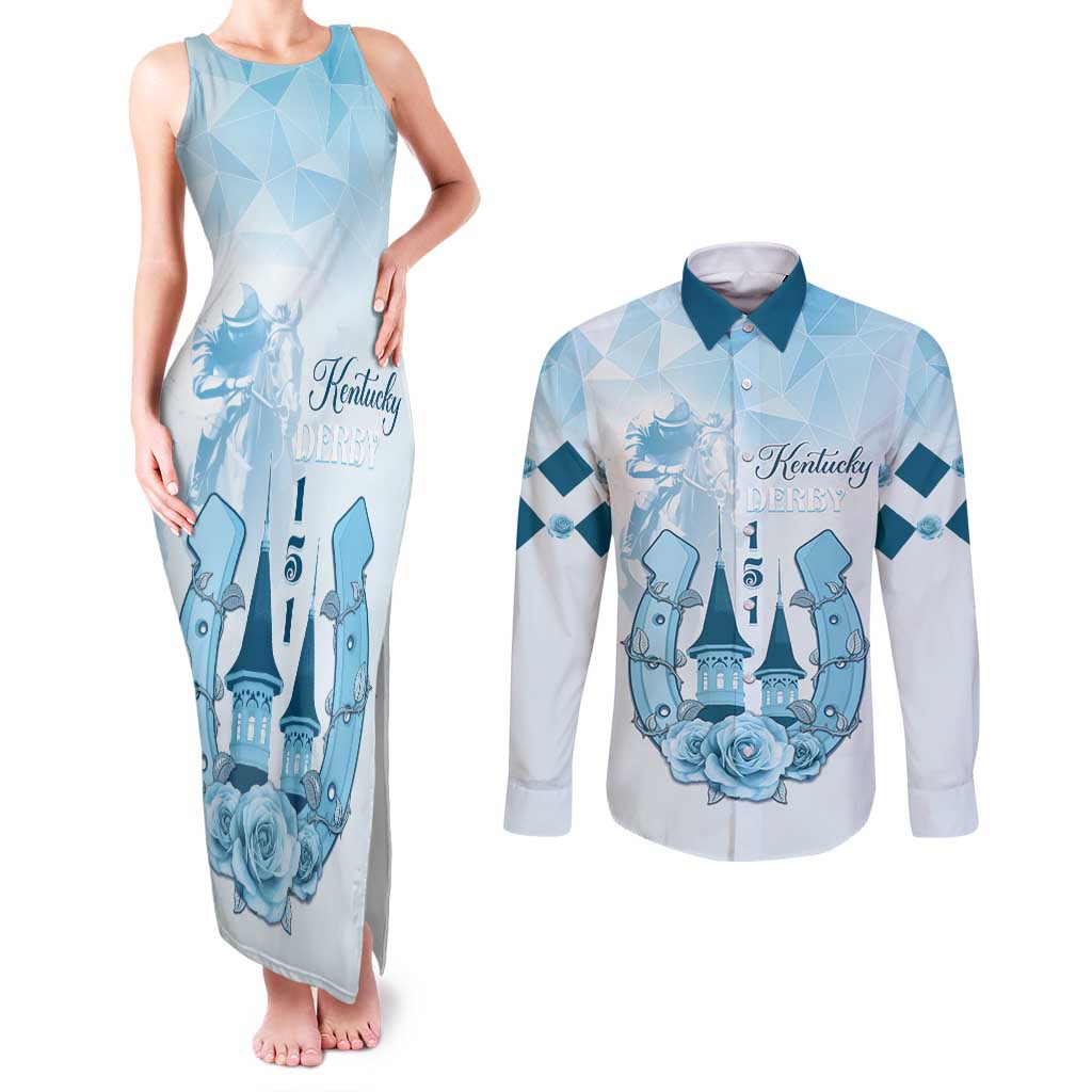 Kentucky Horse Racing Couples Matching Tank Maxi Dress and Long Sleeve Button Shirt 151st Anniversary Blue Version LT05