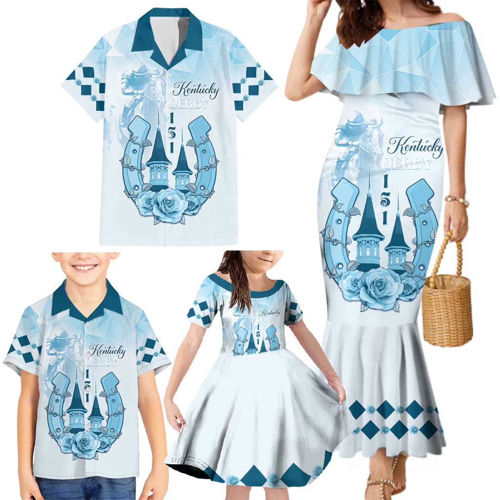 Kentucky Horse Racing Family Matching Mermaid Dress and Hawaiian Shirt 151st Anniversary Blue Version LT05