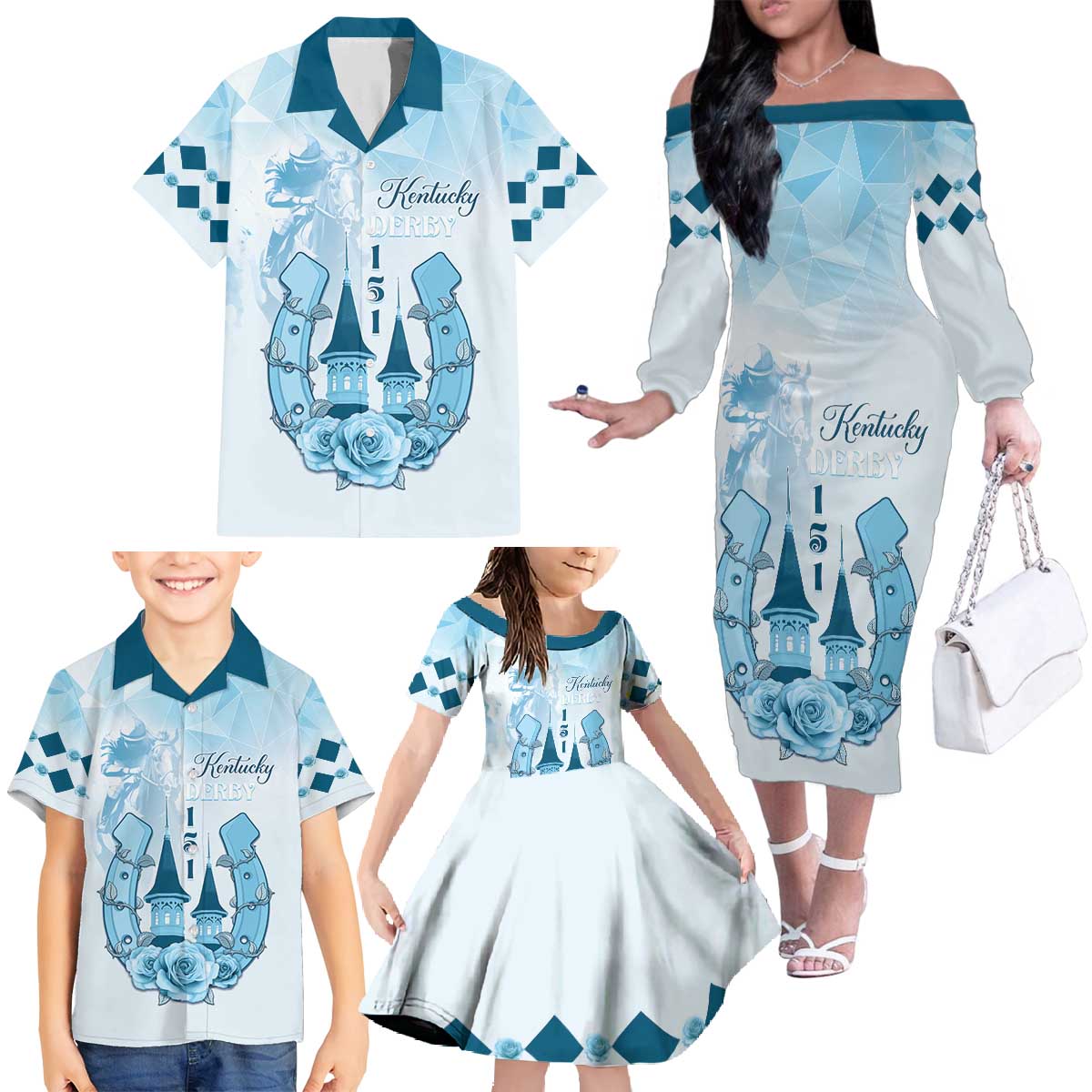 Kentucky Horse Racing Family Matching Off The Shoulder Long Sleeve Dress and Hawaiian Shirt 151st Anniversary Blue Version LT05