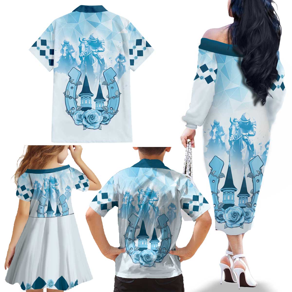 Kentucky Horse Racing Family Matching Off The Shoulder Long Sleeve Dress and Hawaiian Shirt 151st Anniversary Blue Version LT05
