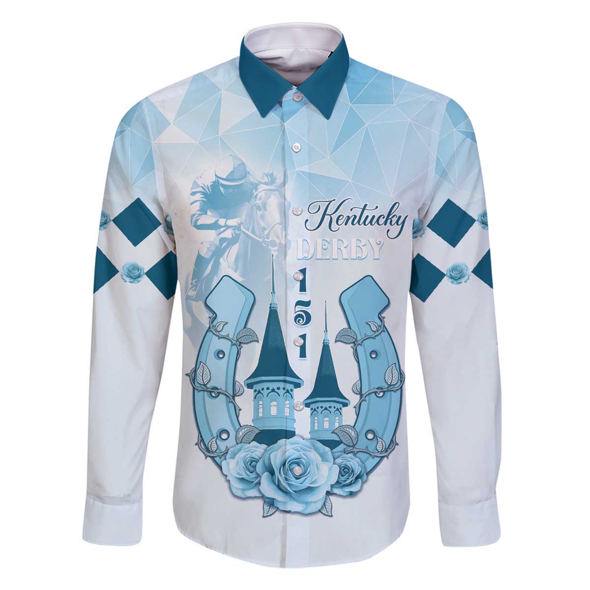 Kentucky Horse Racing Family Matching Off The Shoulder Long Sleeve Dress and Hawaiian Shirt 151st Anniversary Blue Version LT05