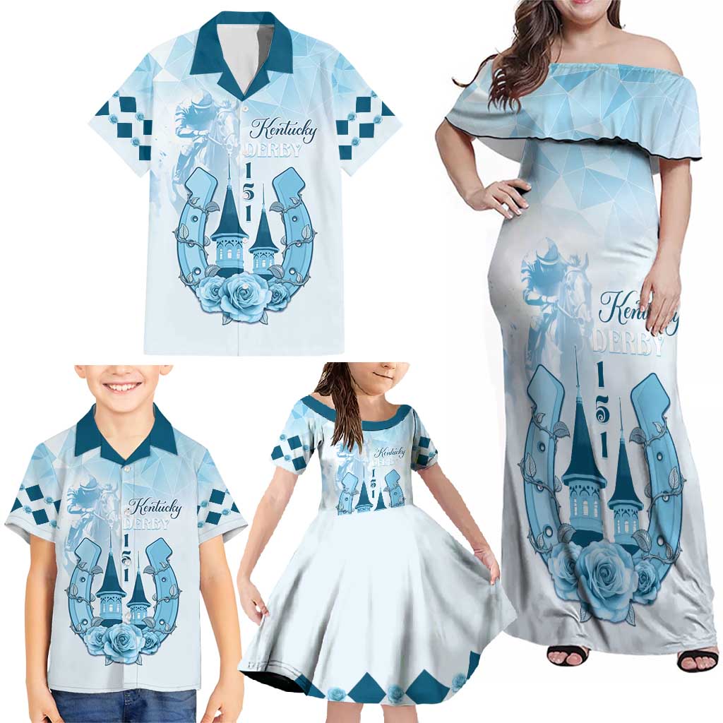 Kentucky Horse Racing Family Matching Off Shoulder Maxi Dress and Hawaiian Shirt 151st Anniversary Blue Version LT05