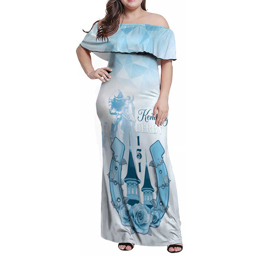 Kentucky Horse Racing Family Matching Off Shoulder Maxi Dress and Hawaiian Shirt 151st Anniversary Blue Version LT05