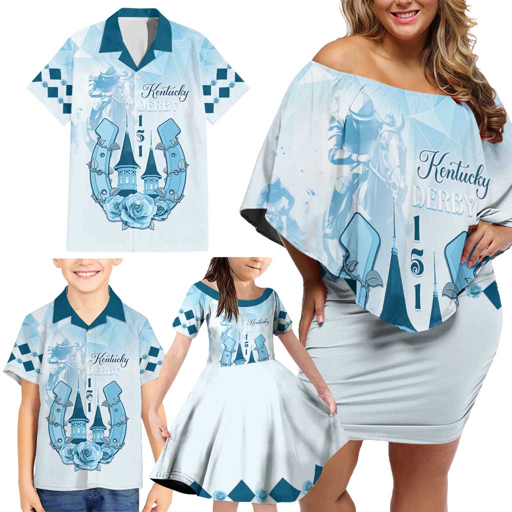 Kentucky Horse Racing Family Matching Off Shoulder Short Dress and Hawaiian Shirt 151st Anniversary Blue Version LT05