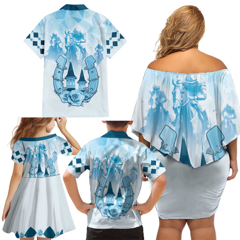 Kentucky Horse Racing Family Matching Off Shoulder Short Dress and Hawaiian Shirt 151st Anniversary Blue Version LT05