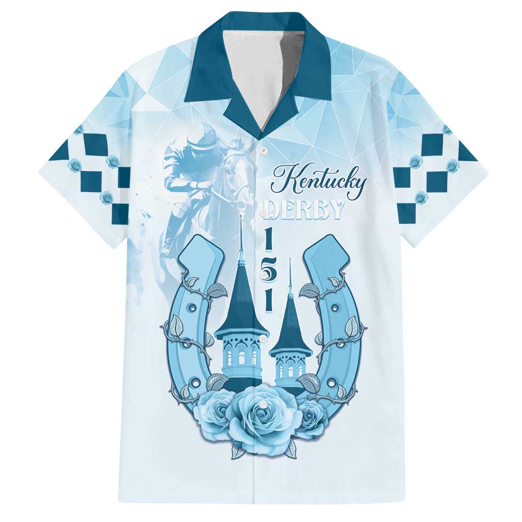 Kentucky Horse Racing Family Matching Off Shoulder Short Dress and Hawaiian Shirt 151st Anniversary Blue Version LT05