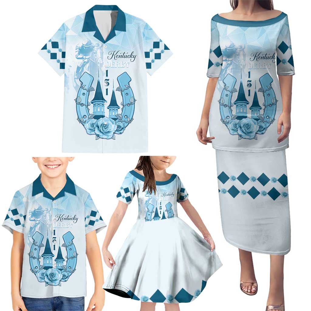 Kentucky Horse Racing Family Matching Puletasi and Hawaiian Shirt 151st Anniversary Blue Version LT05