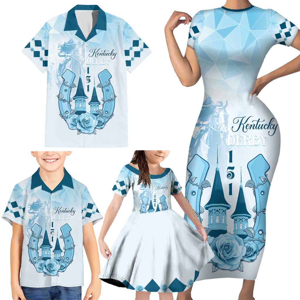Kentucky Horse Racing Family Matching Short Sleeve Bodycon Dress and Hawaiian Shirt 151st Anniversary Blue Version LT05