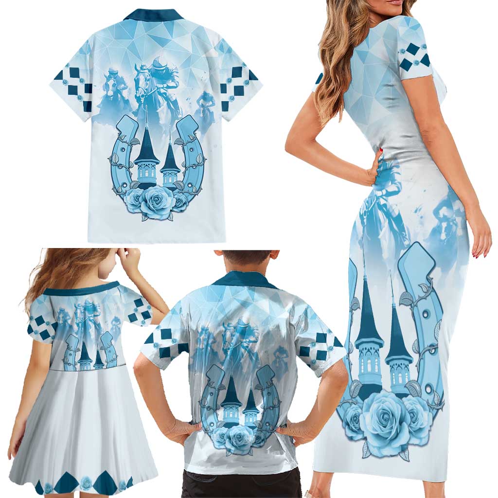 Kentucky Horse Racing Family Matching Short Sleeve Bodycon Dress and Hawaiian Shirt 151st Anniversary Blue Version LT05