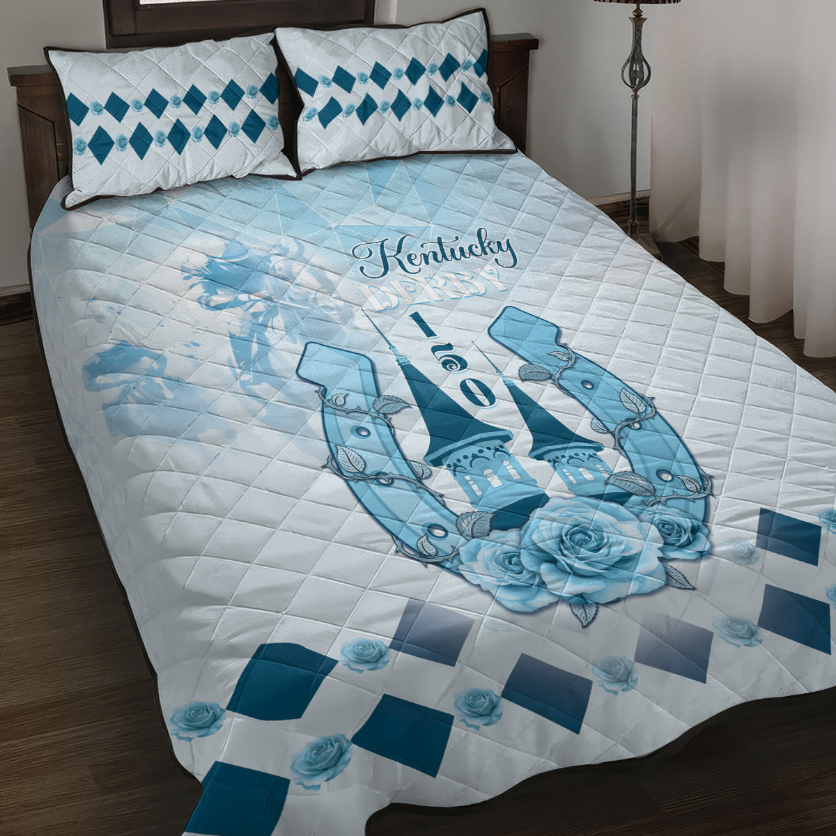 Kentucky Horse Racing Quilt Bed Set 150th Anniversary Blue Version