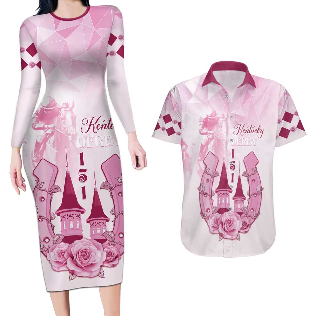 Kentucky Horse Racing Couples Matching Long Sleeve Bodycon Dress and Hawaiian Shirt 151st Anniversary Pink Version LT05