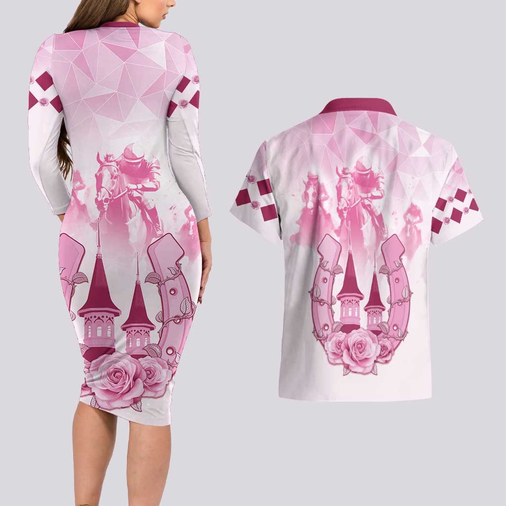 Kentucky Horse Racing Couples Matching Long Sleeve Bodycon Dress and Hawaiian Shirt 151st Anniversary Pink Version LT05