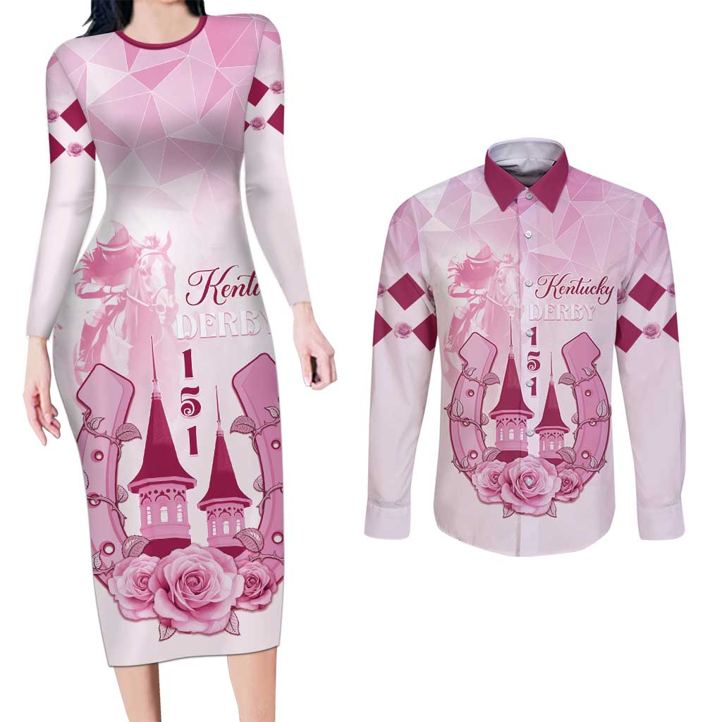 Kentucky Horse Racing Couples Matching Long Sleeve Bodycon Dress and Long Sleeve Button Shirt 151st Anniversary Pink Version LT05
