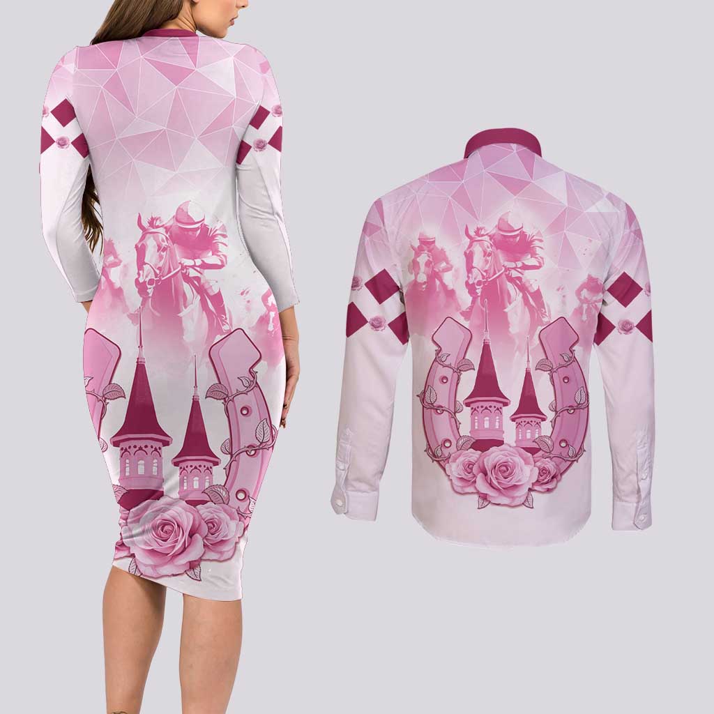 Kentucky Horse Racing Couples Matching Long Sleeve Bodycon Dress and Long Sleeve Button Shirt 151st Anniversary Pink Version LT05