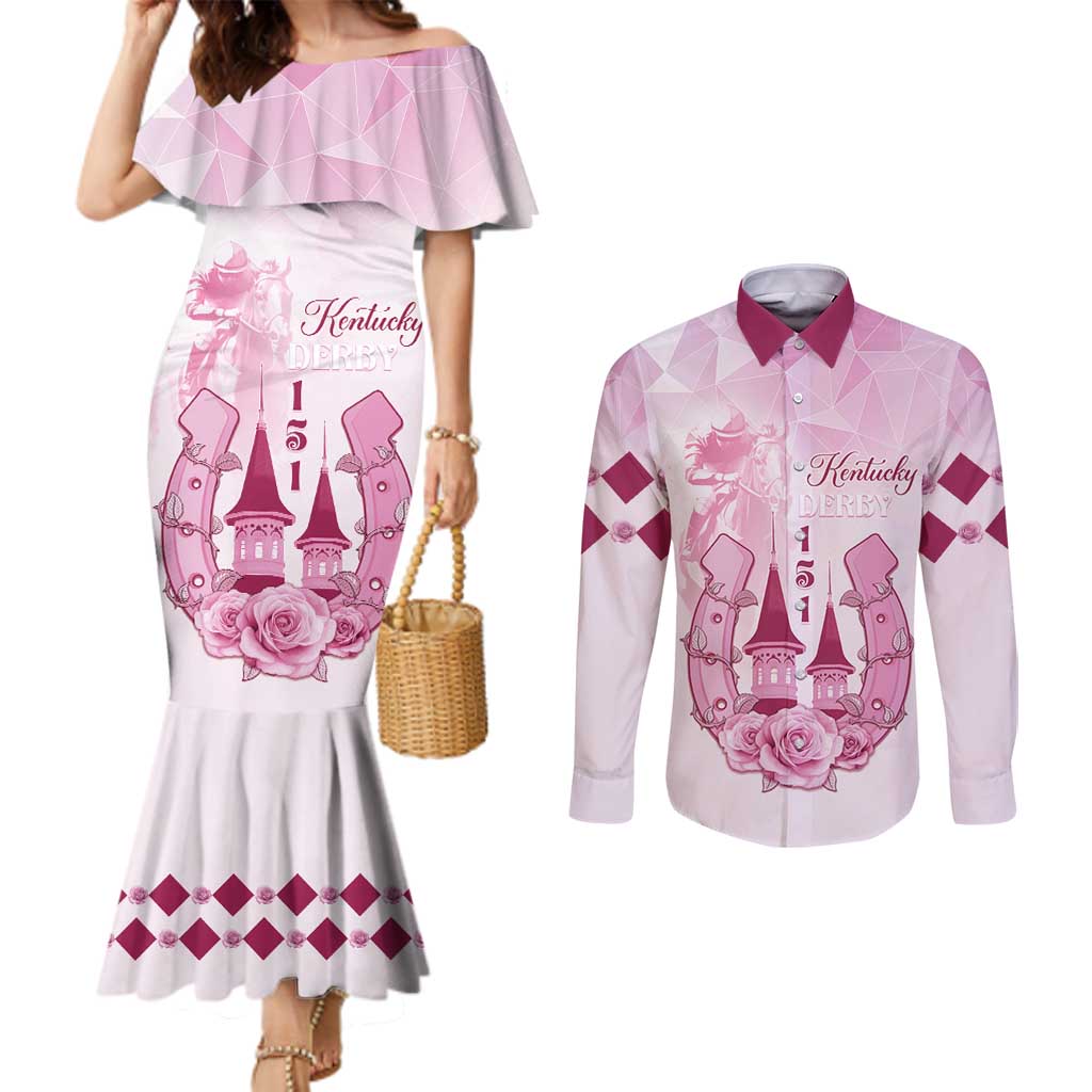 Kentucky Horse Racing Couples Matching Mermaid Dress and Long Sleeve Button Shirt 151st Anniversary Pink Version LT05